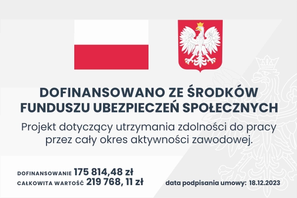 Otrzymaliśmy dofinansowanie z Funduszu Ubezpieczeń Społecznych